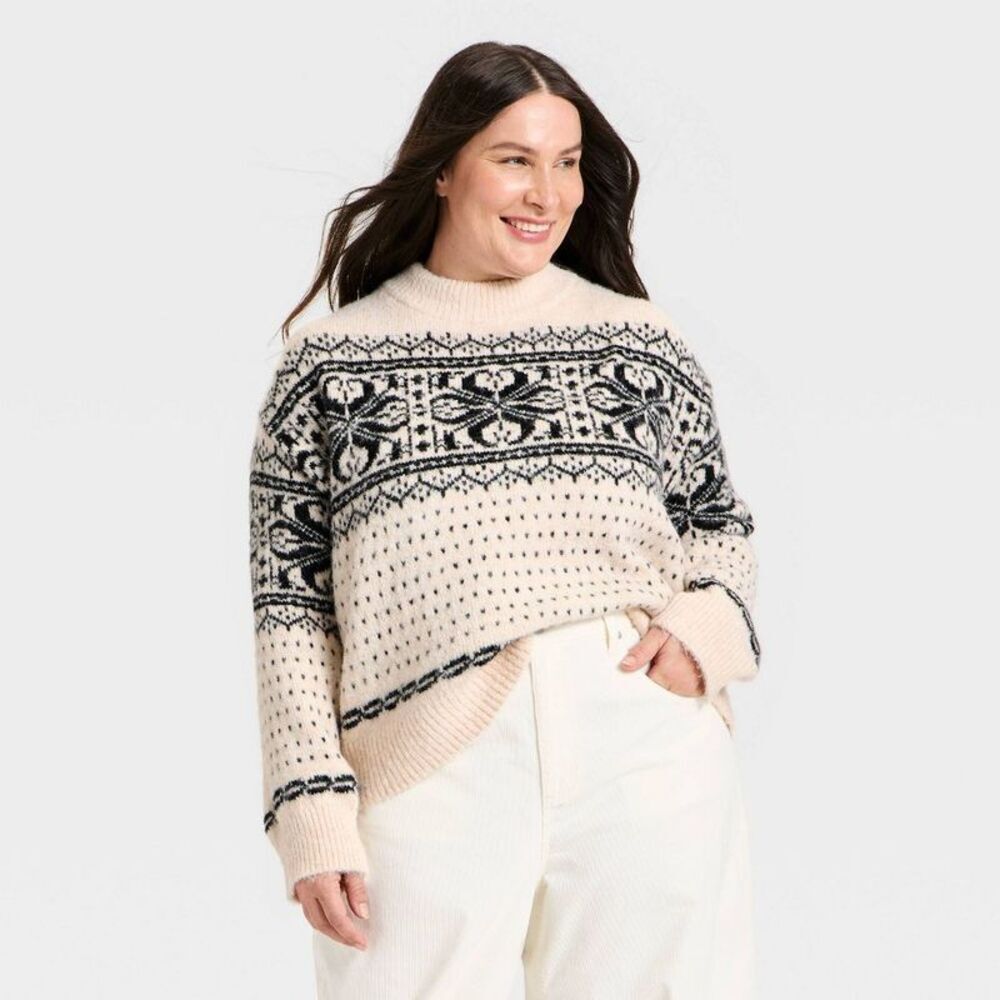 Women's Cozy Alpine Snowflake Crewneck Pullover Sweater - Cream XXL